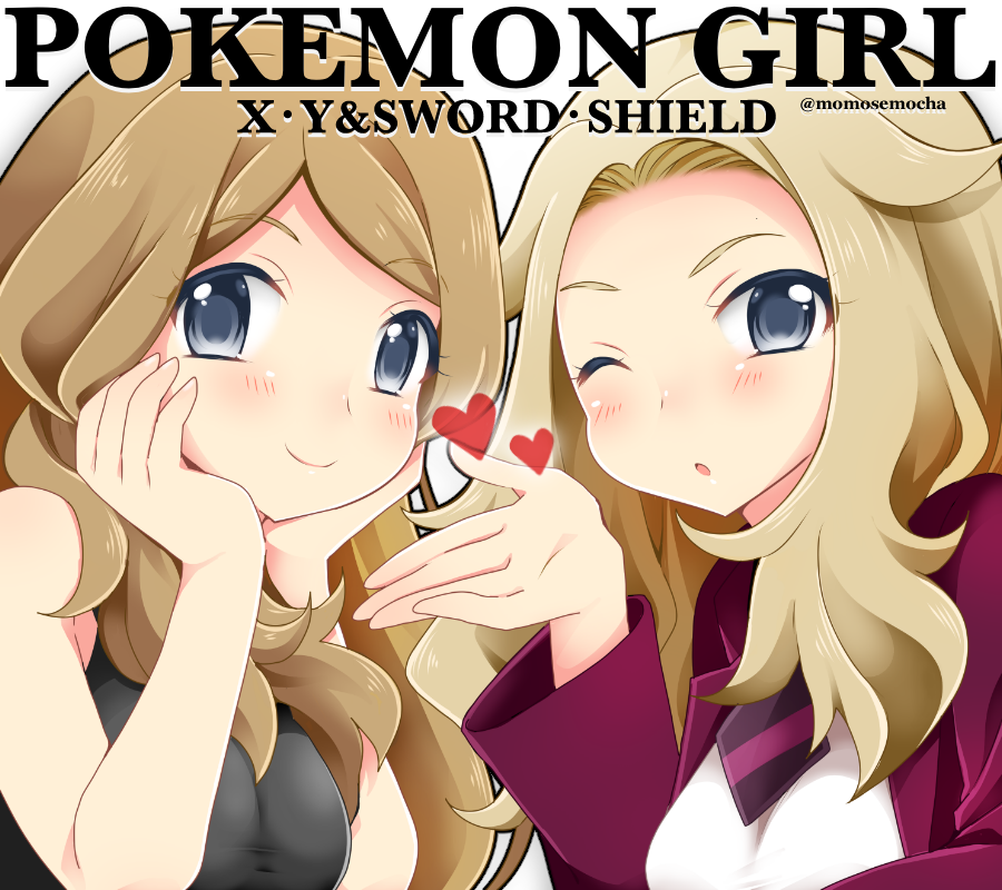 2girls, ;), bangs, blonde_hair, blue_eyes, blush, breasts, brown_hair