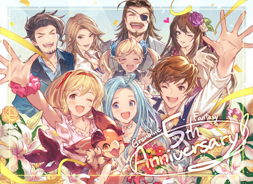 3boys, 5girls, :d, ahoge, alternate_costume, beard, black_eyes, black_hair, blonde_hair, bow, bowtie, brown_eyes, brown_hair, choker, closed_eyes, collared_shirt, djeeta_(granblue_fantasy), dragon, earrings, eugen_(granblue_fantasy), eyepatch, facial_hair, flower, frills, gran_(granblue_fantasy), granblue_fantasy, hair_flower, hair_ornament, hairband, heart, highres, io_euclase, jacket, jewelry, katalina_aryze, light_blue_hair, light_blush, long_hair, lyria_(granblue_fantasy), minaba_hideo, multiple_boys, multiple_girls, necklace, official_art, one_eye_closed, open_mouth, rackam_(granblue_fantasy), rosetta_(granblue_fantasy), shirt, short_hair, smile, tan, twintails, vee_(granblue_fantasy), vest