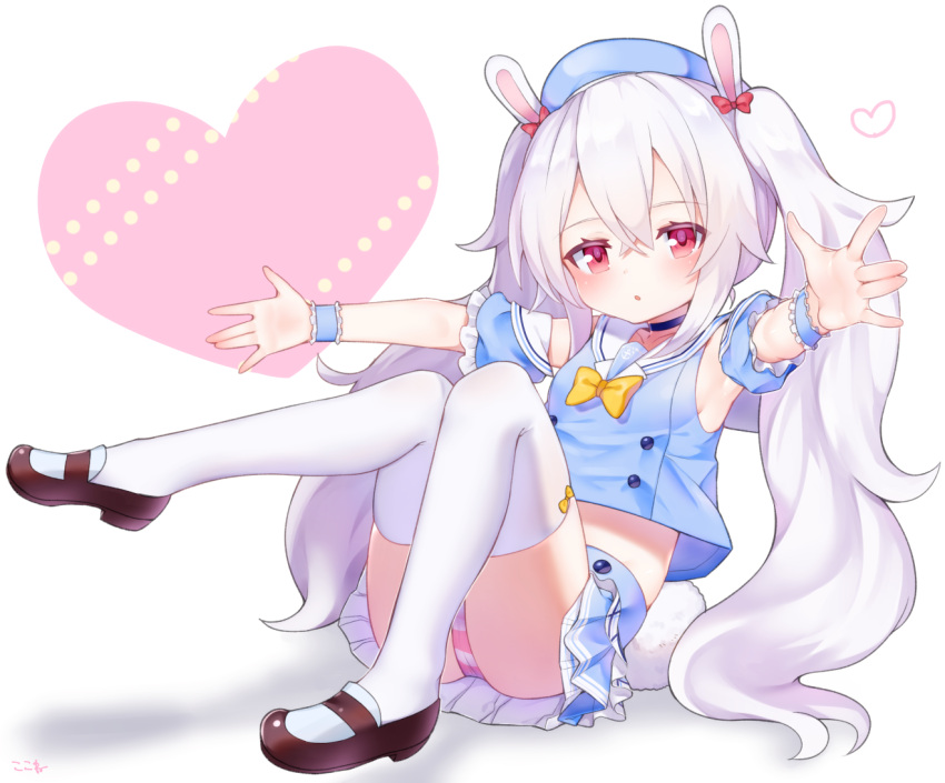 1girl, :o, animal_ears, azur_lane, bangs, beret, blue_choker, blue_hat, blue_shirt, blue_skirt, blue_sleeves, blush, bow, bowtie, brown_footwear, bunny_girl, bunny_tail, choker, commentary_request, detached_sleeves, eyebrows_visible_through_hair, hair_between_eyes, hat, heart, kemonomimi_mode, koko_ne_(user_fpm6842), laffey_(azur_lane), long_hair, looking_at_viewer, mary_janes, midriff, panties, parted_lips, pleated_skirt, puffy_short_sleeves, puffy_sleeves, rabbit_ears, red_eyes, sailor_collar, school_uniform, serafuku, shirt, shoes, short_sleeves, silver_hair, skirt, sleeveless, sleeveless_shirt, solo, spread_legs, striped, striped_panties, tail, thigh-highs, twintails, underwear, very_long_hair, white_legwear, white_sailor_collar, wrist_cuffs, yellow_neckwear