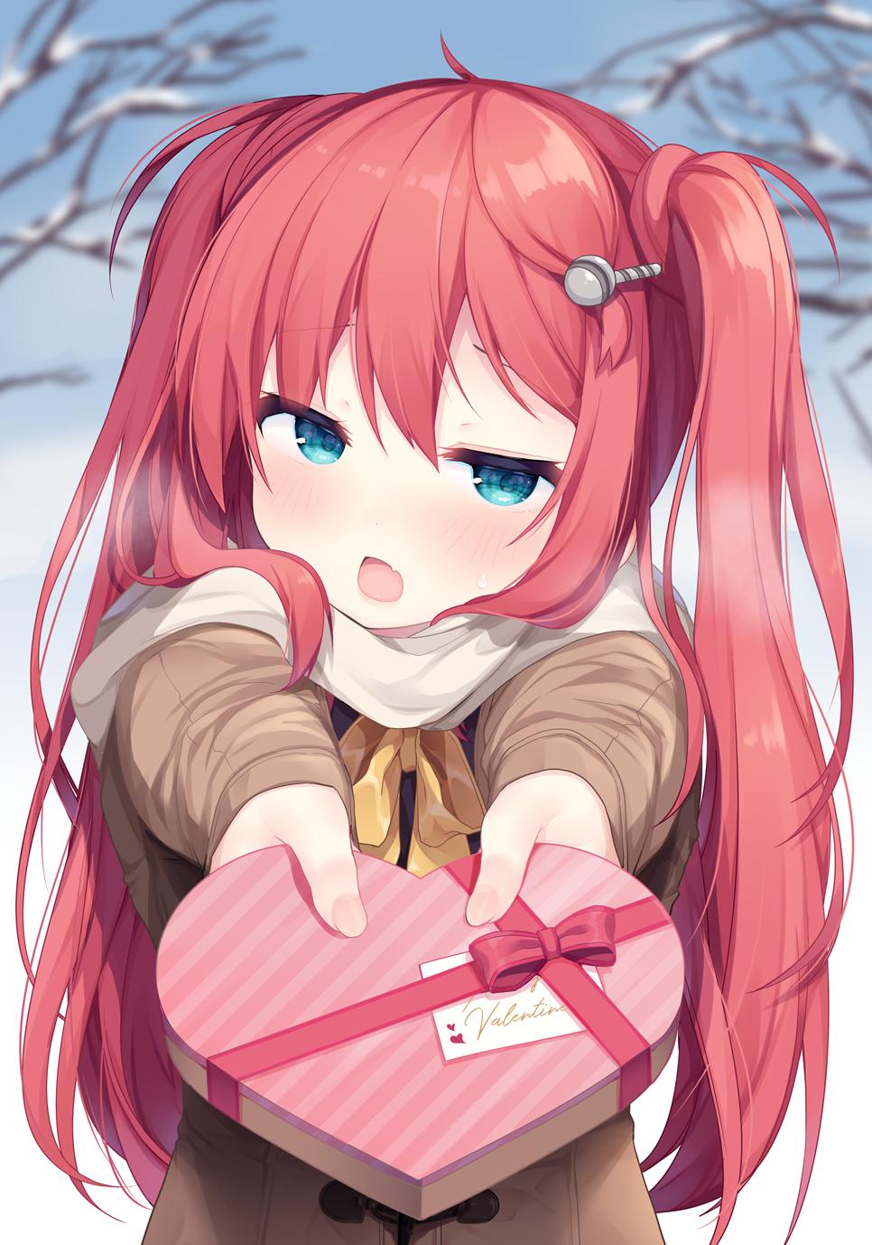 1girl, bangs, blue_eyes, blue_sky, blurry, blurry_background, blush, bow