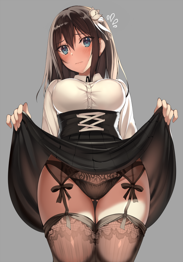 1girl, backlighting, black_hair, black_panties, black_skirt, blue_eyes, blush, breasts