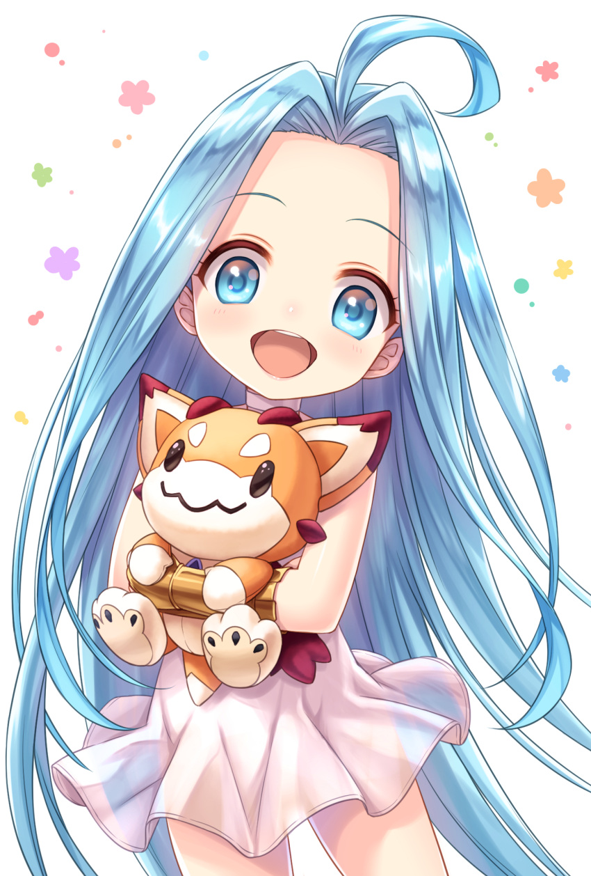 1girl, :d, ahoge, bangs, bare_shoulders, blue_eyes, blue_hair, blush, child, choker, commentary_request, dress, forehead, granblue_fantasy, highres, long_hair, looking_at_viewer, lyria_(granblue_fantasy), object_hug, open_mouth, parted_bangs, round_teeth, see-through, sleeveless, sleeveless_dress, smile, solo, stuffed_animal, stuffed_toy, teeth, tomo_(user_hes4085), upper_teeth, vee_(granblue_fantasy), very_long_hair, white_background, white_choker, white_dress, younger