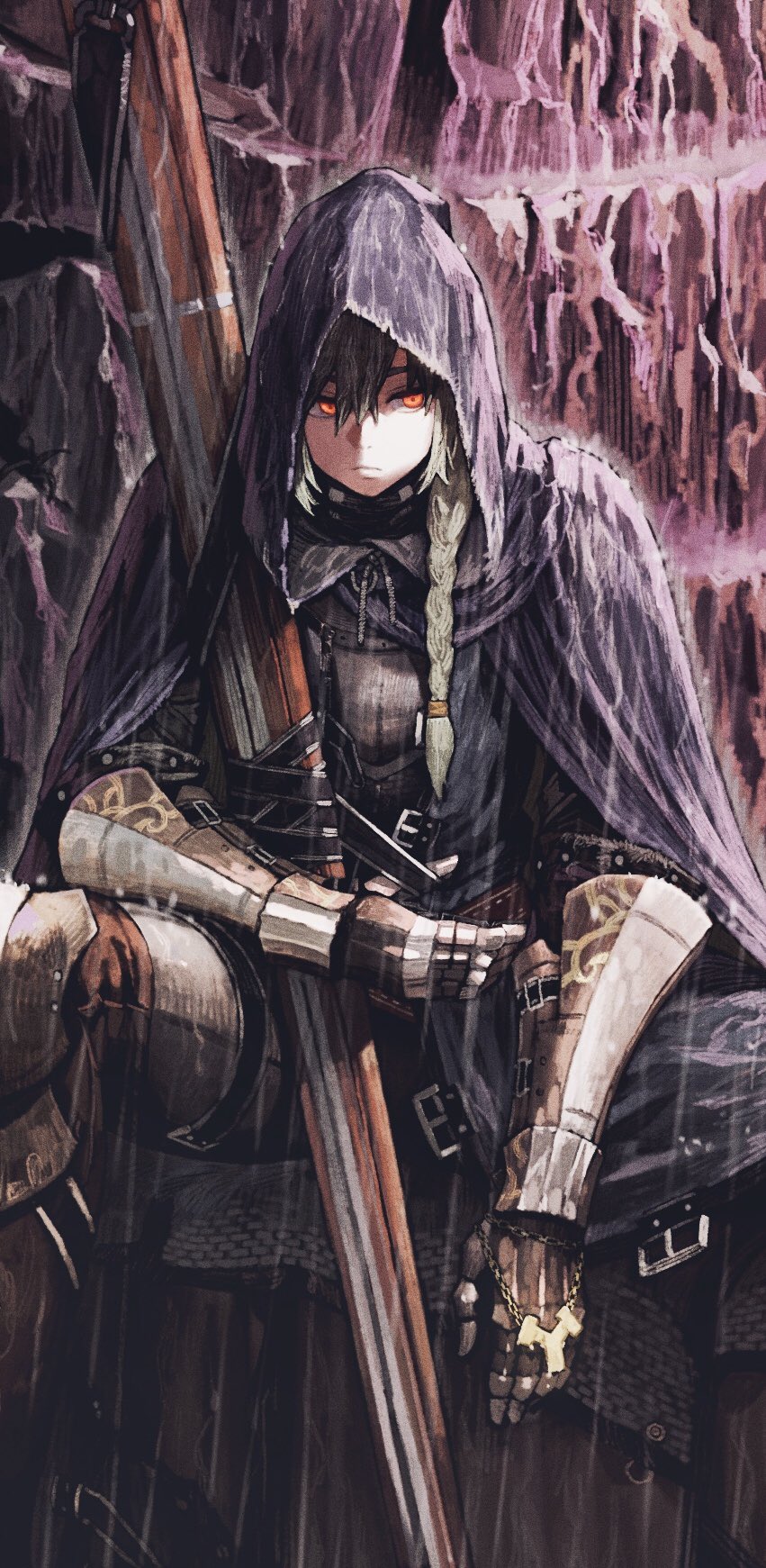 1girl, armor, braid, claymore_(sword), cloak, full_armor, gauntlets, green_hair