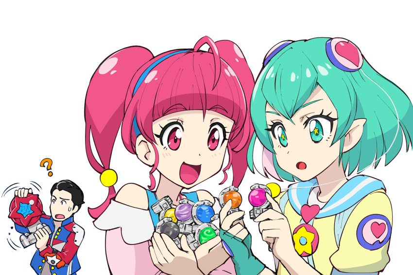 1boy, 2girls, ahoge, blue_eyes, blue_hair, commentary_request, hagoromo_lala, hair_ornament, hoshina_hikaru, long_hair, lucky_(uchuu_sentai_kyuuranger), multiple_girls, pink_eyes, pink_hair, precure, short_hair, star, star-shaped_pupils, star_twinkle_precure, super_sentai, symbol-shaped_pupils, twintails, uchuu_sentai_kyuuranger, ueyama_michirou