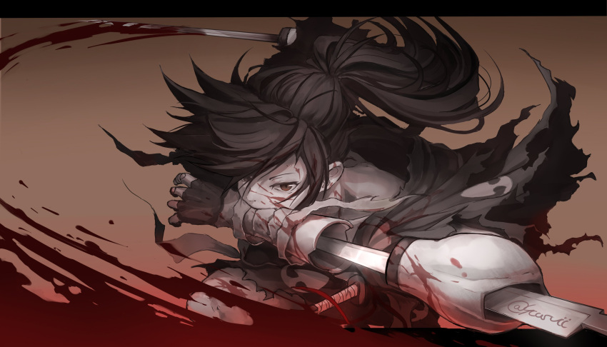 1boy, absurdres, bandage, black_hair, blood, brown_eyes, dororo_(tezuka), hair_over_one_eye, highres, hyakkimaru_(dororo), japanese_clothes, katana, kimono, long_hair, looking_at_viewer, male_focus, ponytail, prosthesis, prosthetic_arm, red_eyes, scarvii, sheath, solo, sword, weapon
