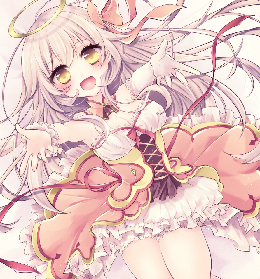 1girl, :d, angelica_(flower_knight_girl), bloomers, bow, breasts, cleavage, cowboy_shot