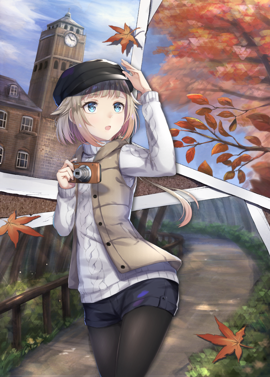 1girl, alternate_costume, black_hat, black_legwear, black_shorts, braid, camera, cevio
