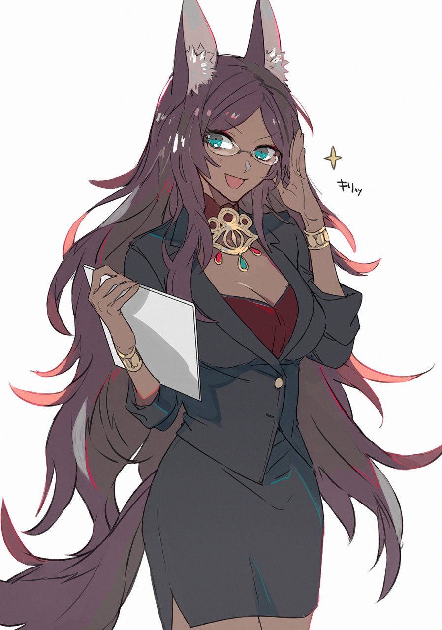 1girl, :d, animal_ear_fluff, animal_ears, aqua_eyes, black_jacket, black_skirt, blazer, breasts, cleavage, commentary_request, copyright_request, curvy, dark_skin, ebanoniwa, egyptian, eyebrows_visible_through_hair, formal, glasses, gold_trim, high-waist_skirt, highres, holding, jacket, long_hair, long_sleeves, looking_at_viewer, narrow_waist, open_mouth, parted_hair, partially_unbuttoned, pencil_skirt, side_slit, simple_background, skirt, skirt_suit, smile, solo, suit, tail, v-shaped_eyebrows, white_background
