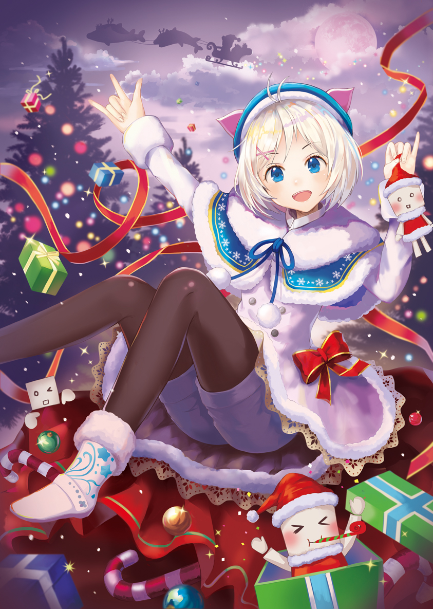 1girl, :d, black_legwear, blonde_hair, blue_eyes, christmas, christmas_tree, clouds