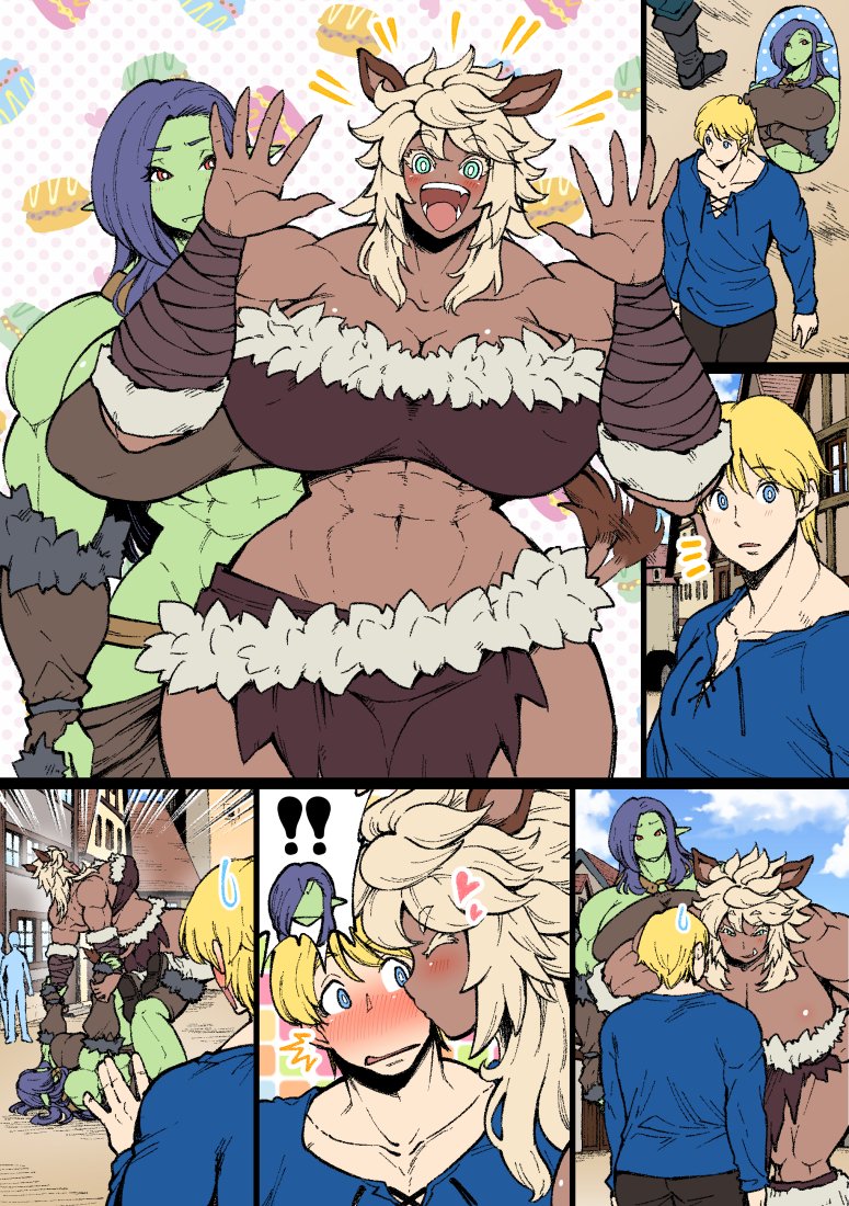 1boy, 2girls, :d, abs, amano_jack_(paradise_jack), animal_ears, bare_shoulders, blonde_hair