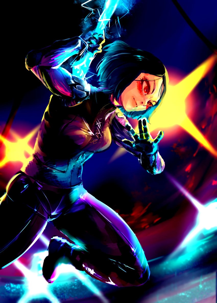 1girl, absurdres, black_hair, bodysuit, breasts, cyberpunk, cyborg, energy_sword, erootiroo, facepaint, gally, gunnm, gunnm_last_order, highres, medium_breasts, over_shoulder, red_eyes, robot_joints, short_hair, solo, sword, weapon, weapon_over_shoulder