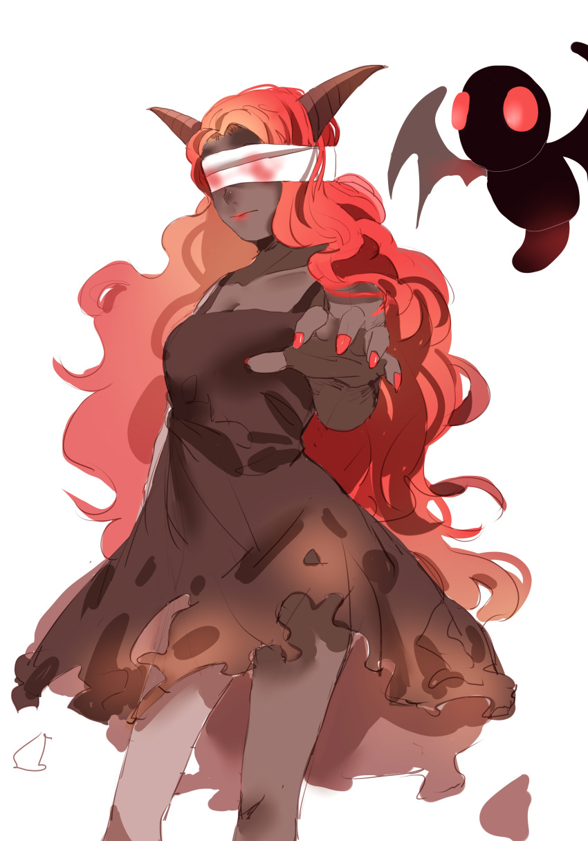 1girl, absurdres, bandage, black_dress, blindfold, blood, breasts, demon_horns