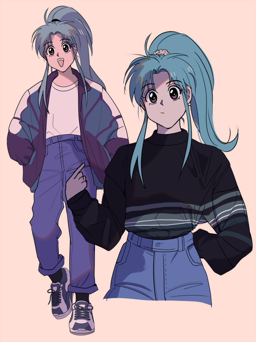 1girl, black_legwear, black_sweater, blue_hair, botan_(yuu_yuu_hakusho), casual, denim, eyebrows_visible_through_hair