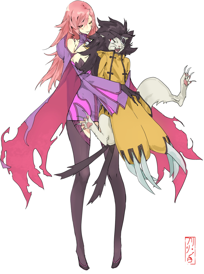 1boy, 1girl, absurdres, animal_ears, bare_shoulders, black_gloves, black_hair, black_sclera