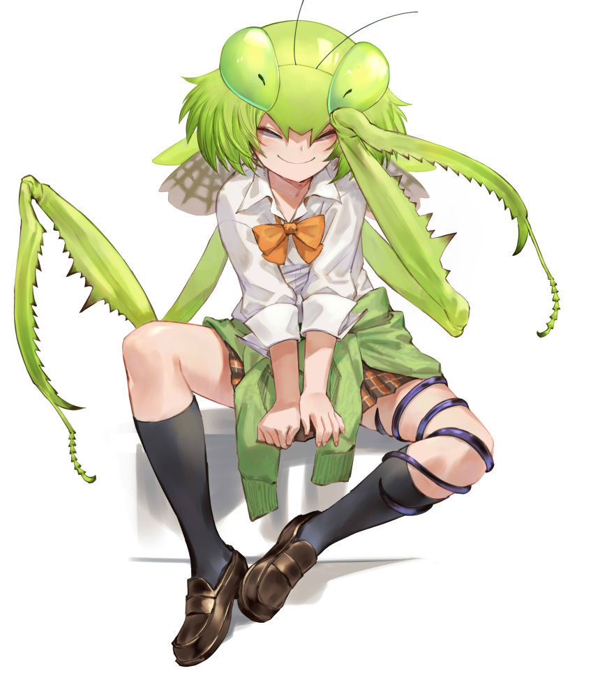 >_<, 1girl, absurdres, antennae, arms_between_legs, black_legwear, blush, borrowed_character