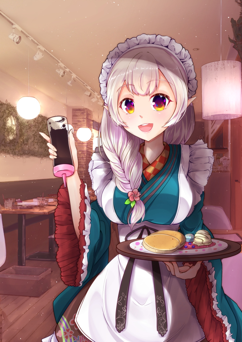 1girl, :d, alternate_costume, braided_ponytail, breasts, ceiling_light, commentary_request, elf