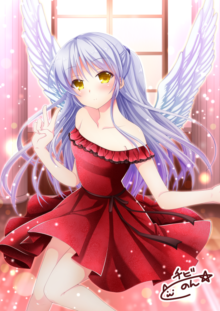 1girl, angel_beats!, angel_wings, bare_shoulders, blush, chibinon, collarbone, column