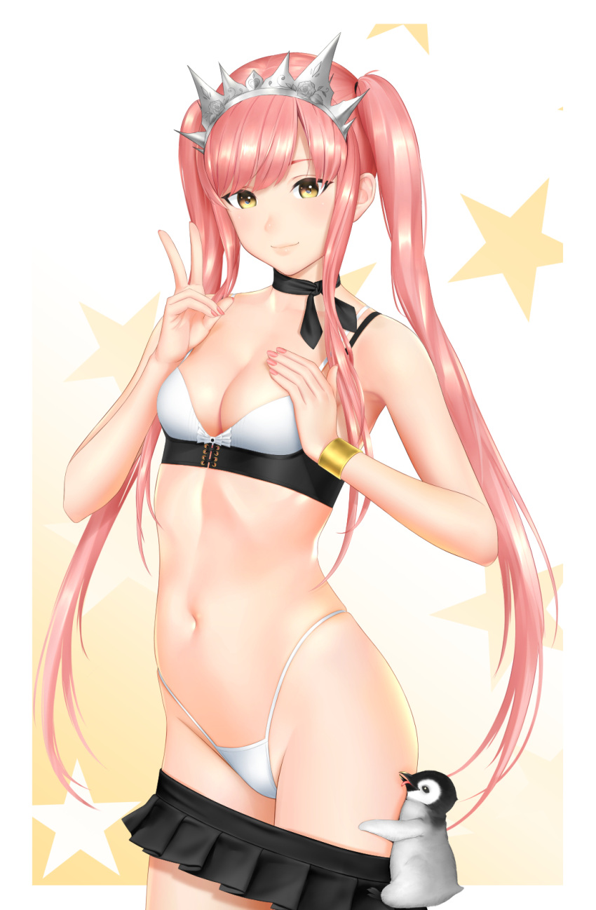 1girl, animal, bangs, bare_arms, bare_shoulders, bikini, bird, black_choker