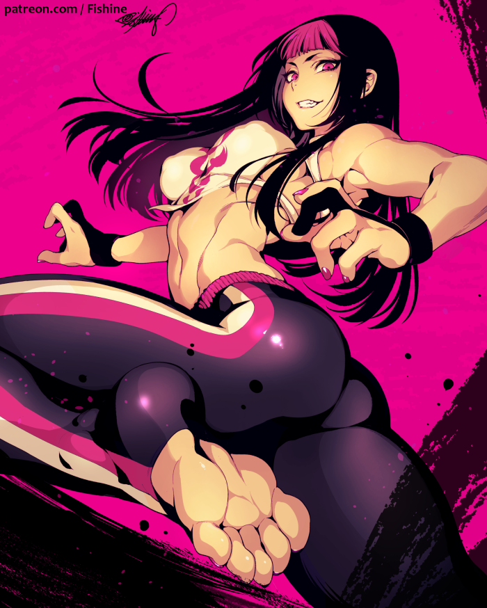 1girl, alternate_costume, alternate_hairstyle, ass, breasts, evil_smile, feet, fighting_stance