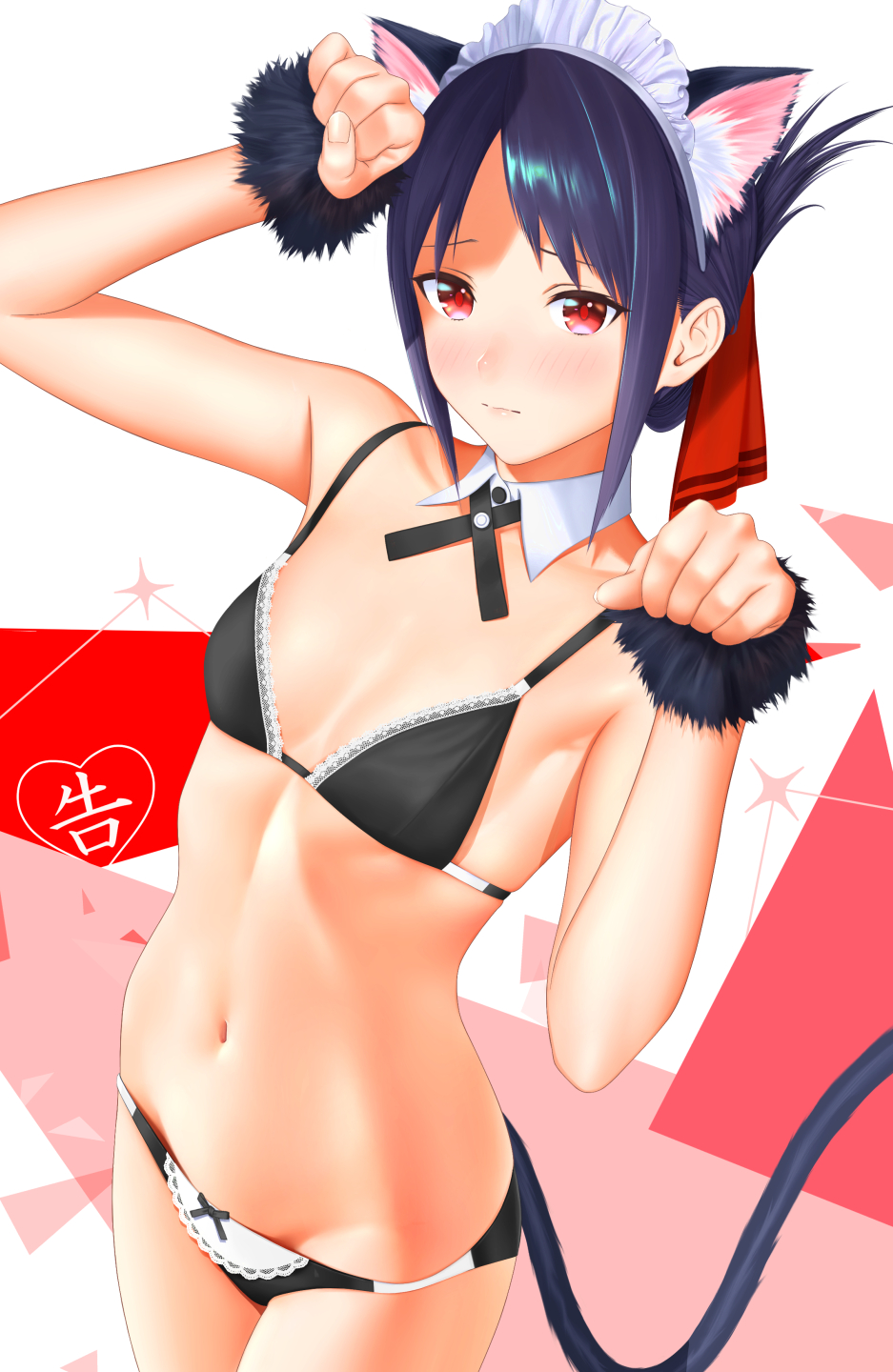 1girl, animal_ears, bangs, black_bra, black_hair, black_panties, blush, bow, bow_panties, bra, breasts, cat_ears, cat_tail, closed_mouth, collarbone, commentary_request, cowboy_shot, detached_collar, folded_ponytail, fur_cuffs, groin, hair_ribbon, hands_up, highres, hiratake_(pixiv282751), kaguya-sama_wa_kokurasetai_~tensai-tachi_no_renai_zunousen~, kemonomimi_mode, legs_together, looking_at_viewer, navel, panties, parted_bangs, paw_pose, red_eyes, red_ribbon, ribbon, shinomiya_kaguya, sidelocks, small_breasts, solo, standing, stomach, strap_gap, tail, underwear, underwear_only