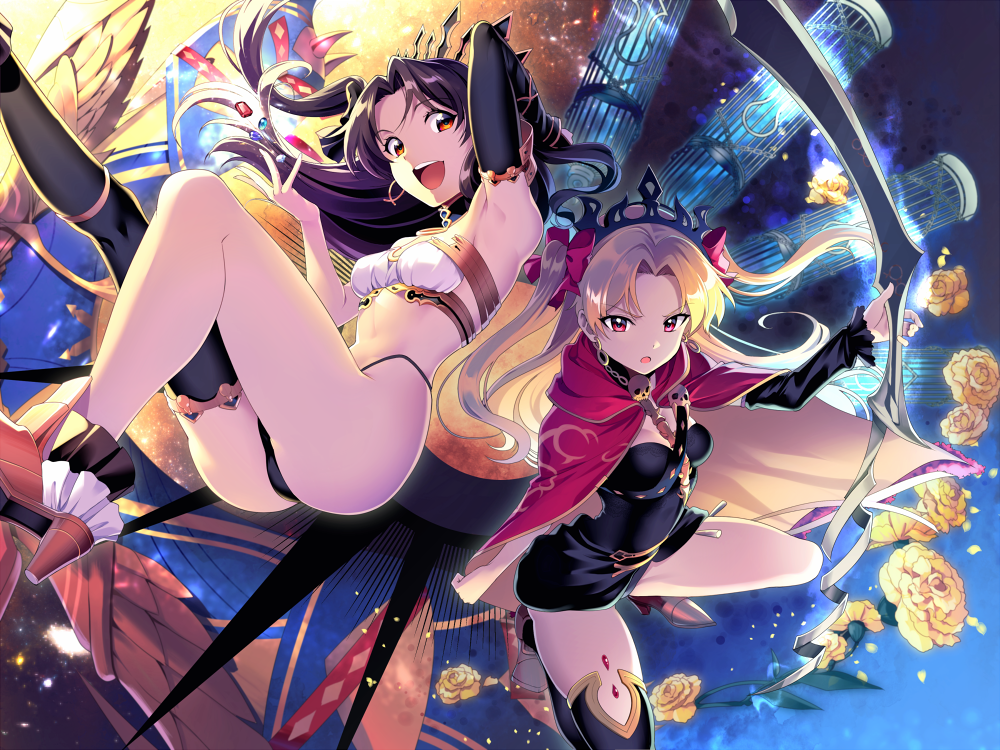 2girls, ass, black_hair, blonde_hair, cage, cloak, earrings, ereshkigal_(fate/grand_order)