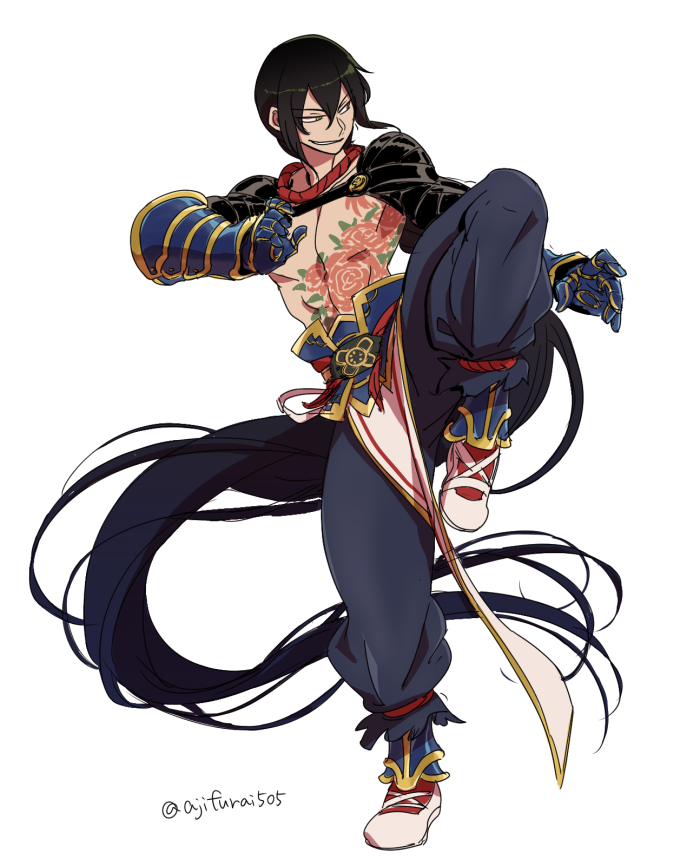 1boy, absurdly_long_hair, asaya_minoru, bangs, black_hair, blue_pants, chest_tattoo, eyebrows_visible_through_hair