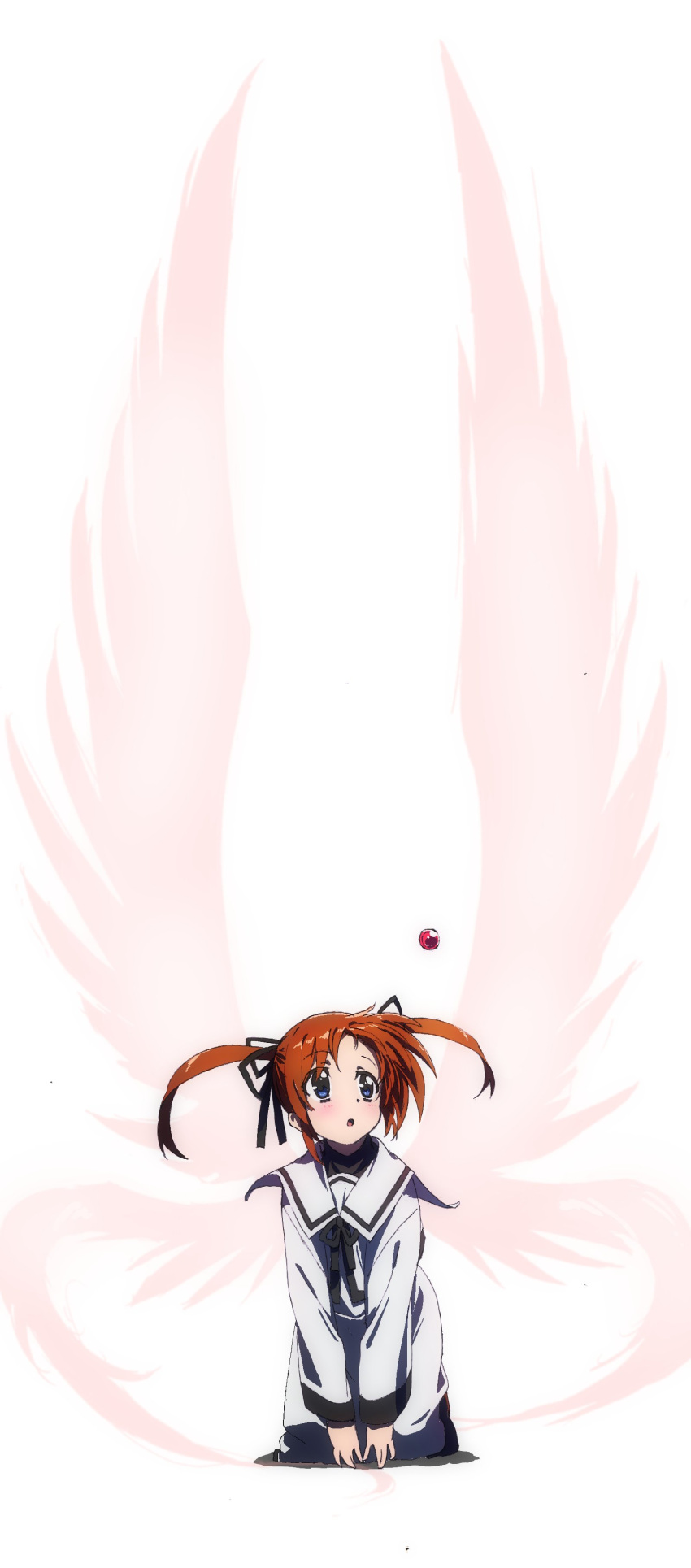 1girl, :o, absurdres, aliasing, bangs, black_neckwear, black_ribbon, blue_eyes, brown_hair, bygddd5, dress, eyebrows_visible_through_hair, floating, hair_ribbon, highres, kneeling, leaning_forward, light_blush, long_dress, lyrical_nanoha, magical_girl, mahou_shoujo_lyrical_nanoha, neck_ribbon, open_mouth, raising_heart, ribbon, sailor_dress, school_uniform, seishou_elementary_school_uniform, shadow, short_hair, short_twintails, solo, takamachi_nanoha, twintails, white_background, white_dress, wings