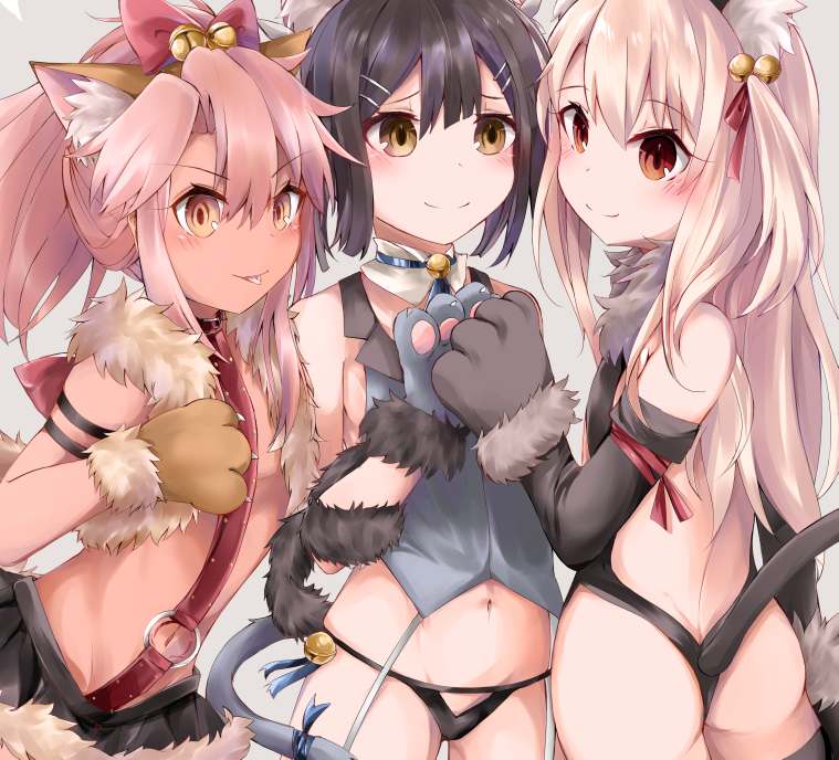 3girls, animal_ears, armband, ass, backless_outfit, bangs, bare_shoulders, bell