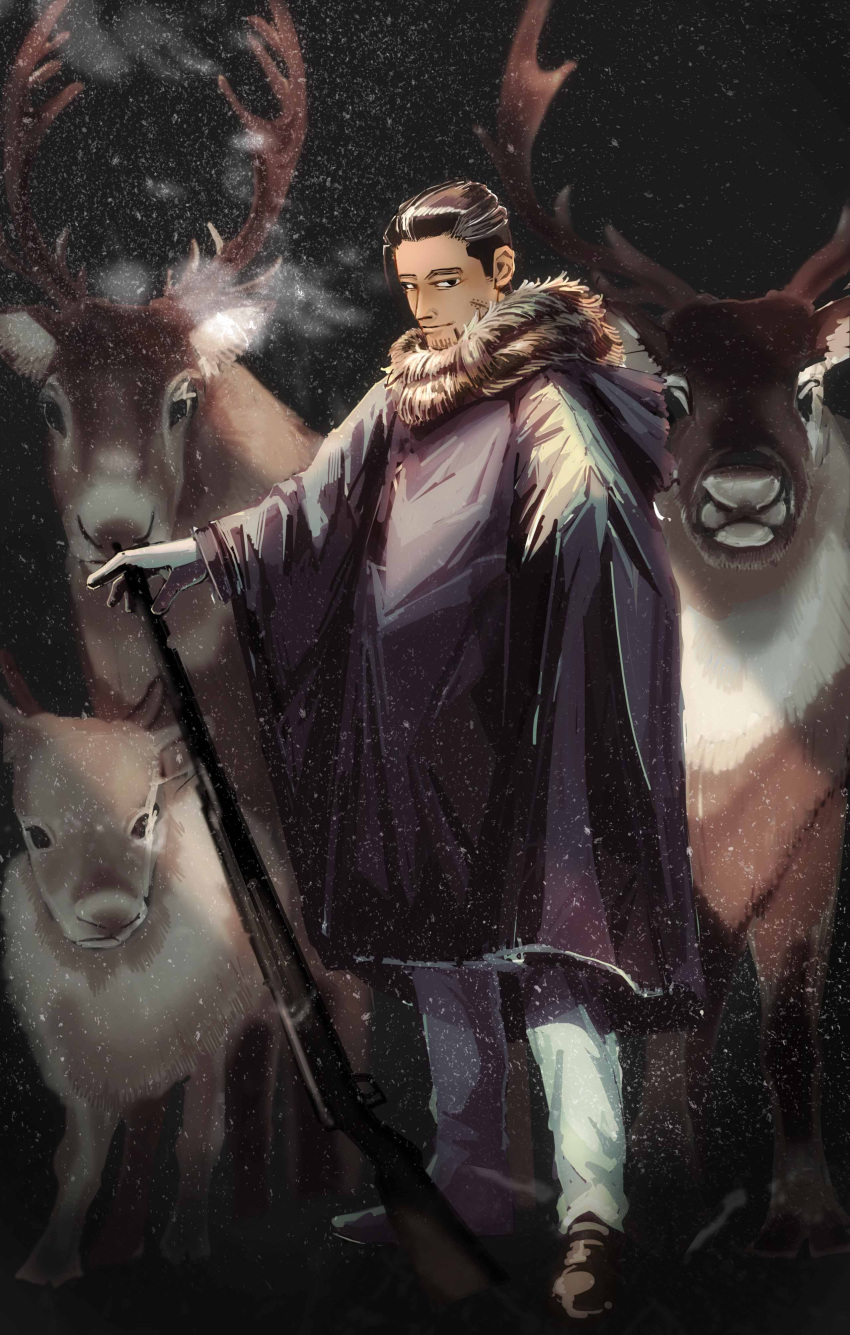 1boy, absurdres, black_hair, brown_footwear, deer, facial_hair, facial_scar, gloves, golden_kamuy, gun, hair_slicked_back, highres, long_sleeves, male_focus, ogata_hyakunosuke, pants, scar, scar_on_cheek, short_hair, snowing, solo, standing, stubble, weapon, wide_sleeves, zero_(djtd3285)
