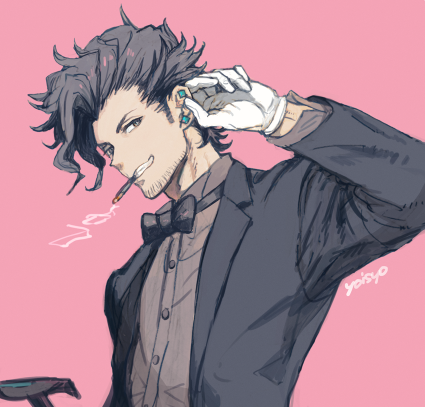 1boy, artist_name, black_neckwear, black_suit, bow, bowtie, brown_shirt, cane