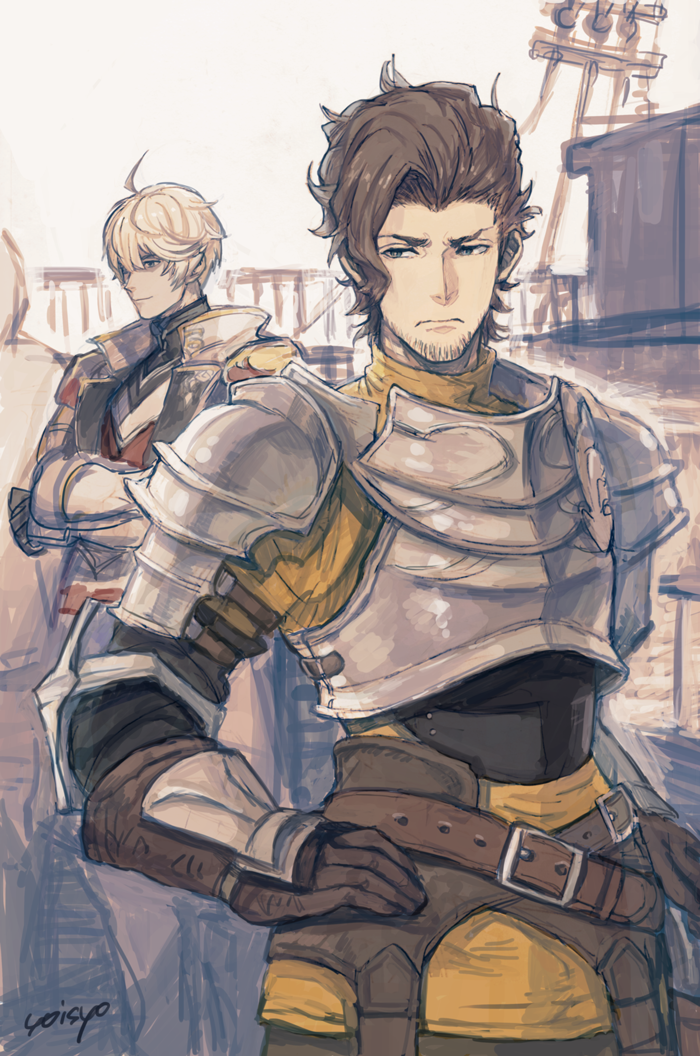 2boys, armor, artist_name, belt, black_gloves, blonde_hair, brown_gloves, brown_hair