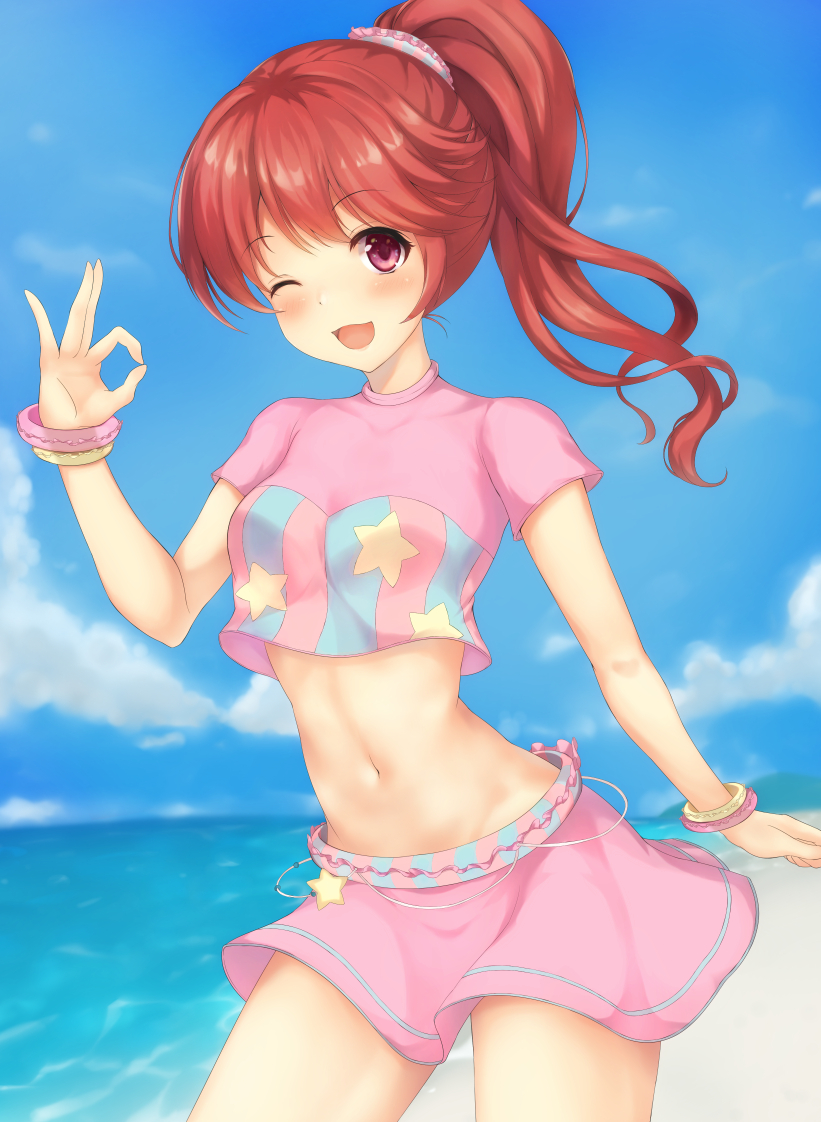 1girl, ;d, beach, blue_sky, blurry, blurry_background, blush, bracelet, clouds, cowboy_shot, crop_top, eyebrows_visible_through_hair, hair_between_eyes, hair_ornament, high_ponytail, hinakurukuru, idolmaster, idolmaster_cinderella_girls, idolmaster_cinderella_girls_starlight_stage, jewelry, long_hair, looking_at_viewer, midriff, miniskirt, navel, ocean, one_eye_closed, open_mouth, pink_shirt, pink_skirt, print_shirt, red_eyes, redhead, shiina_noriko, shirt, skirt, sky, smile, solo, standing, star, star_print, stomach