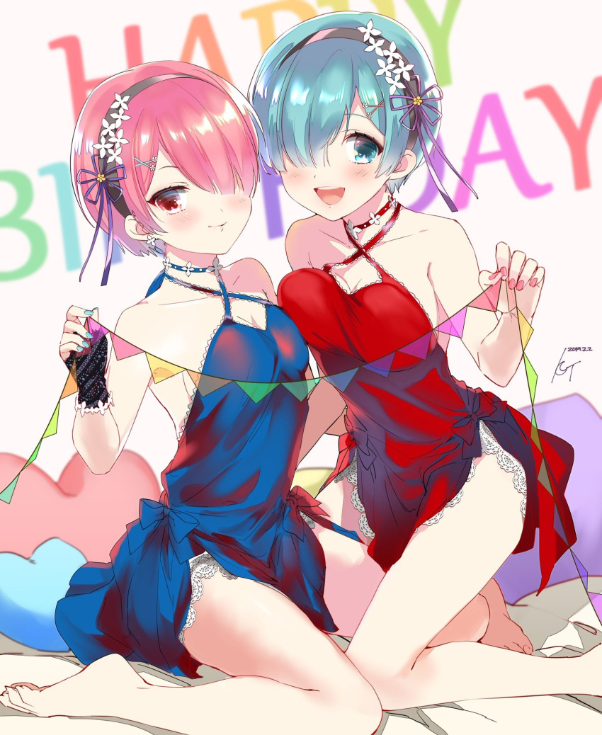 2019, 2girls, :d, barefoot, bed_sheet, black_dress, black_hairband, blue_bow