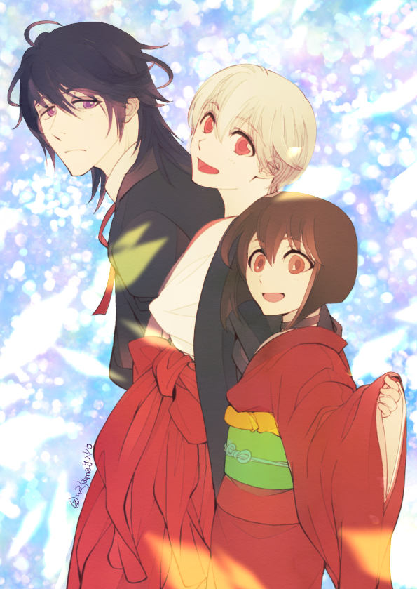 1girl, 2boys, ahoge, albino, bangs, black_hair, bob_cut, brown_hair, choker, closed_mouth, eyebrows_visible_through_hair, formal, hair_between_eyes, hakama, haruka_(tactics), head_tilt, height_difference, higashiyama_kazuko, ichinomiya_kantarou, japanese_clothes, kimono, long_sleeves, looking_at_viewer, medium_hair, messy_hair, multiple_boys, official_art, open_mouth, red_eyes, red_hakama, red_kimono, short_hair, sleeves_past_wrists, smile, suit, tactics, twitter_username, violet_eyes, wide_sleeves, youko_(tactics)