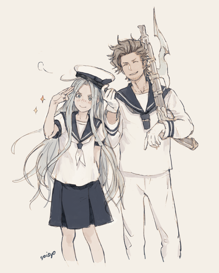 1boy, 1girl, ahoge, artist_name, bayonet, black_skirt, blue_eyes, blue_hair