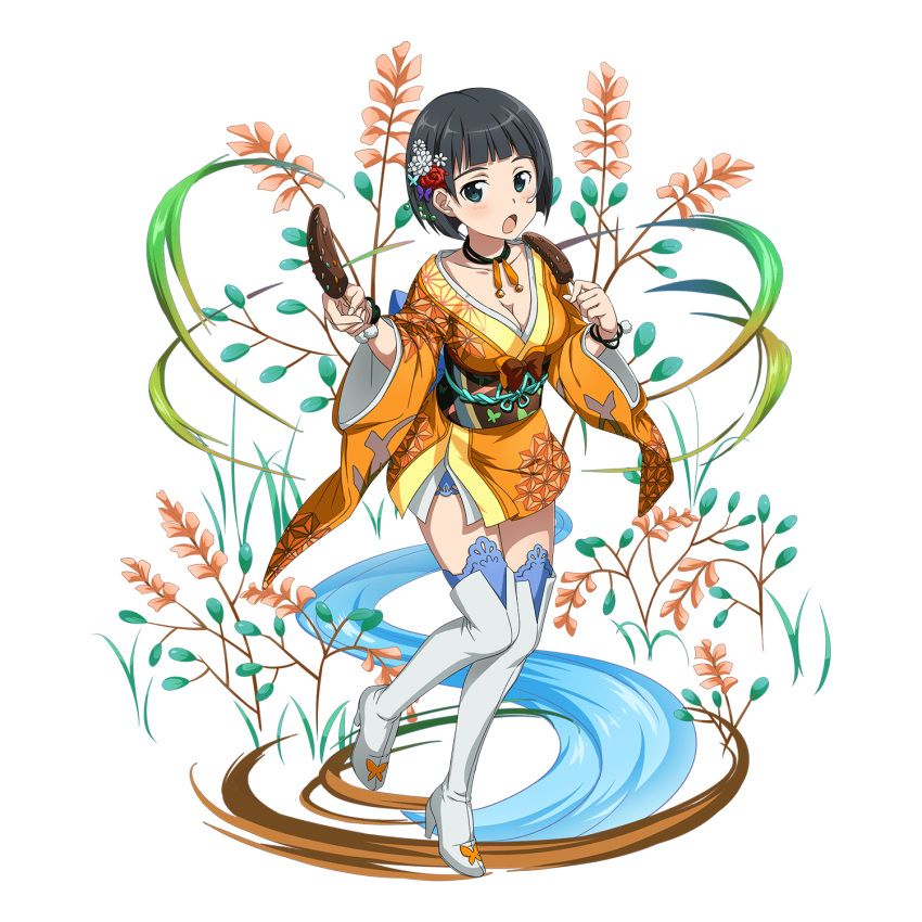 1girl, :o, animal_print, augma, black_hair, black_ribbon, blue_eyes, blush, boots, bracelet, butterfly_hair_ornament, butterfly_print, choker, collarbone, floral_print, flower, food, full_body, hair_flower, hair_ornament, highres, holding, holding_food, japanese_clothes, jewelry, kimono, kirigaya_suguha, looking_at_viewer, official_art, orange_kimono, pink_footwear, print_kimono, red_flower, red_rose, ribbon, ribbon_choker, rose, shiny, shiny_hair, short_hair, short_kimono, solo, standing, standing_on_one_leg, sword_art_online, thigh-highs, thigh_boots, transparent_background, white_flower, white_footwear, zettai_ryouiki