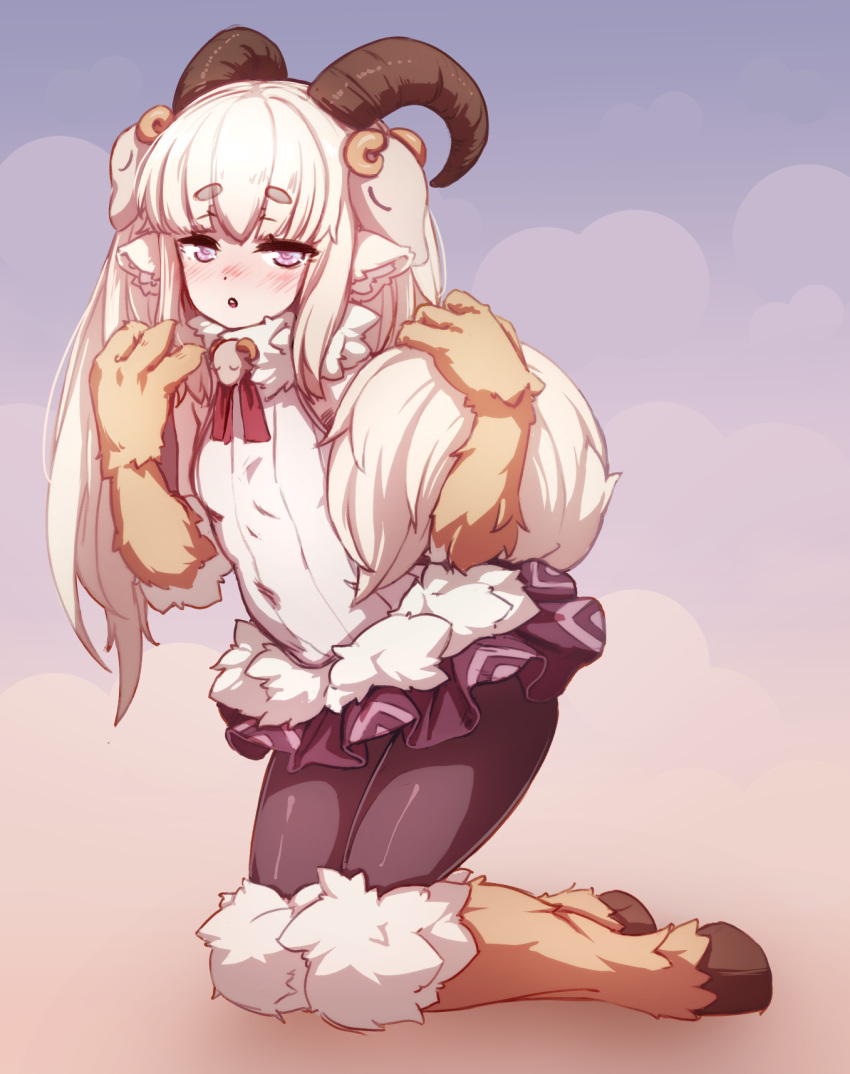 1girl, animal_ear_fluff, animal_ears, baphomet_(monster_girl_encyclopedia), barbariank, black_legwear, blush, breasts, commentary, english_commentary, eyebrows_visible_through_hair, full_body, fur, fur_collar, hair_ornament, highres, hooves, horns, kneeling, long_hair, looking_at_viewer, microskirt, monster_girl, monster_girl_encyclopedia, open_mouth, pantyhose, paws, pink_eyes, skirt, skull_hair_ornament, small_breasts, solo, tail, white_hair
