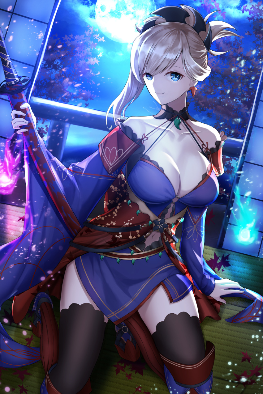 1girl, absurdres, asymmetrical_hair, autumn_leaves, black_legwear, blue_eyes, blue_kimono, breasts