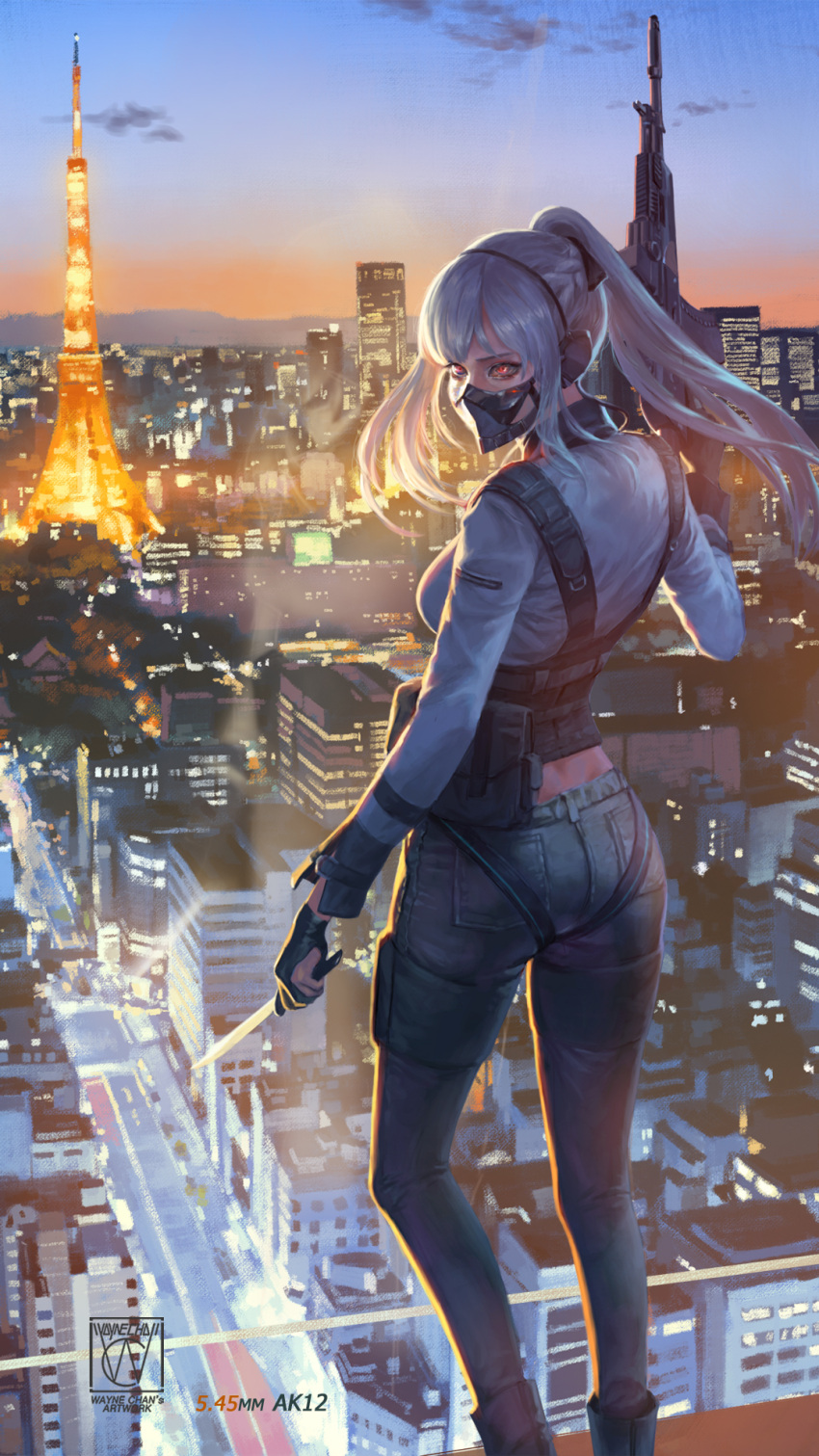 1girl, ak-12, ak-12_(girls_frontline), assault_rifle, bag, bangs, black_ribbon, braid