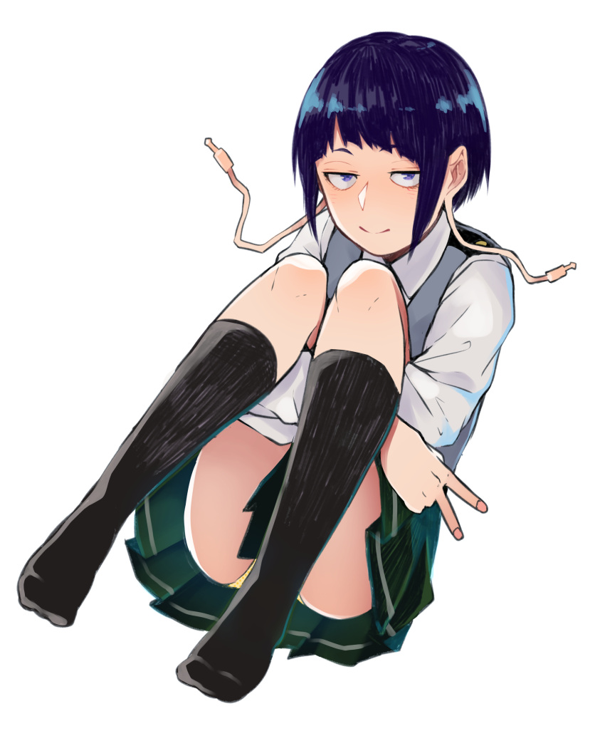 1girl, absurdres, arm_around_leg, ass, bangs, black_legwear, black_skirt, blue_eyes