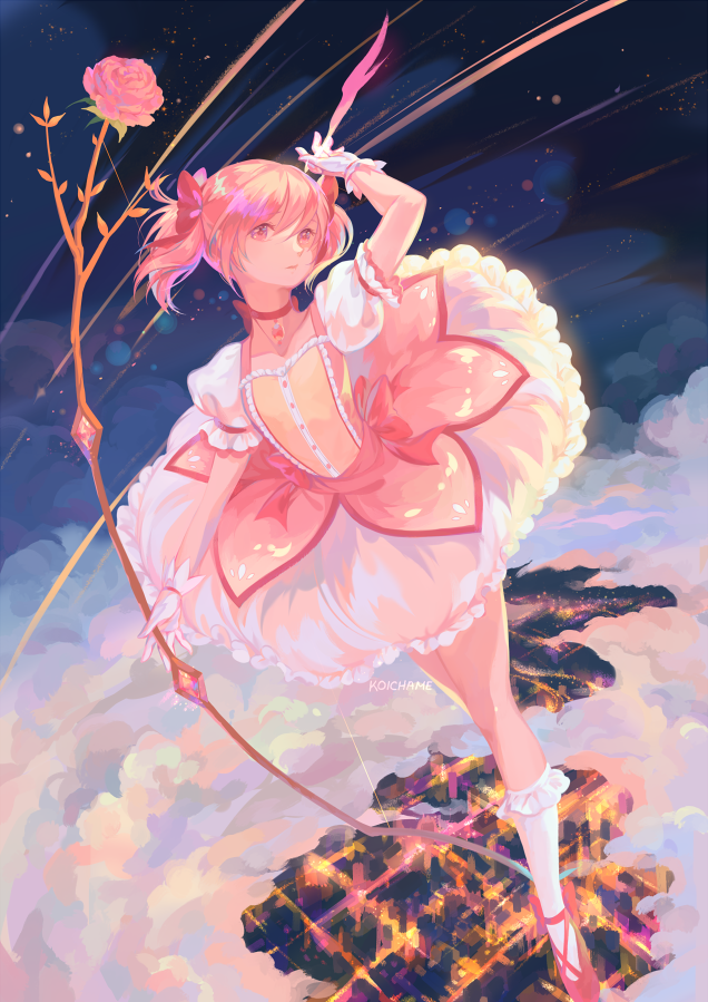 1girl, bow_(weapon), bubble_skirt, choker, city_lights, clouds, gloves, hair_ribbon