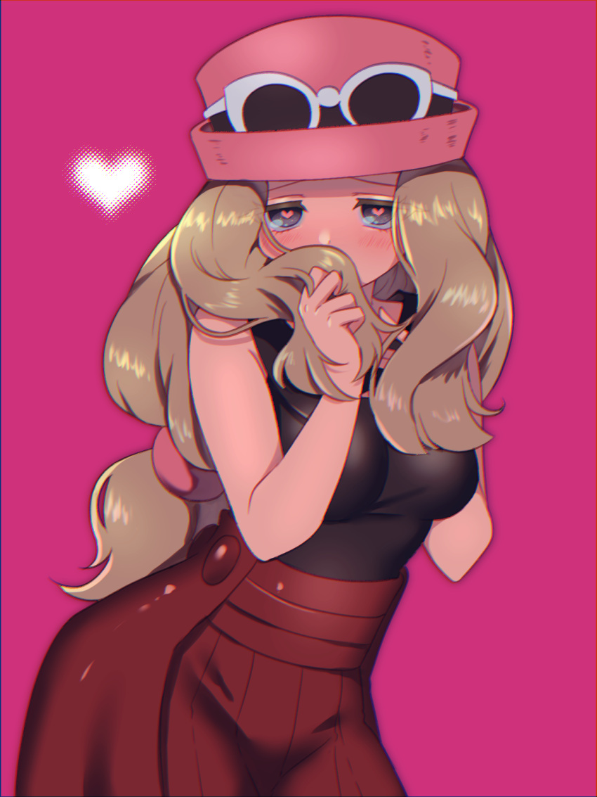 blonde_hair, blush, creatures_(company), embarrassed, eyewear_on_head, game_freak, hand_in_hair, hat