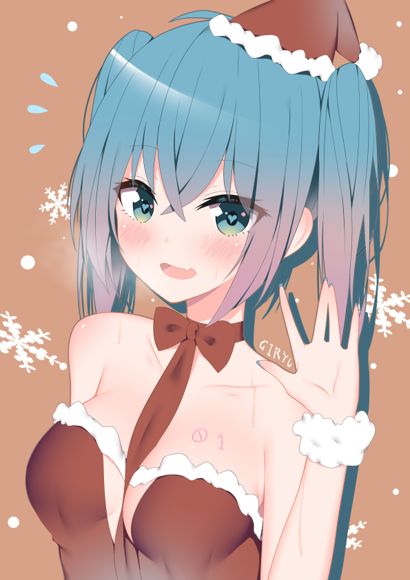 1girl, aqua_eyes, bare_arms, bare_shoulders, blush, bow, bowtie, breasts