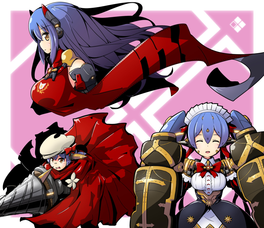 1girl, android, beret, bow, breasts, cape, cropped_torso, drill