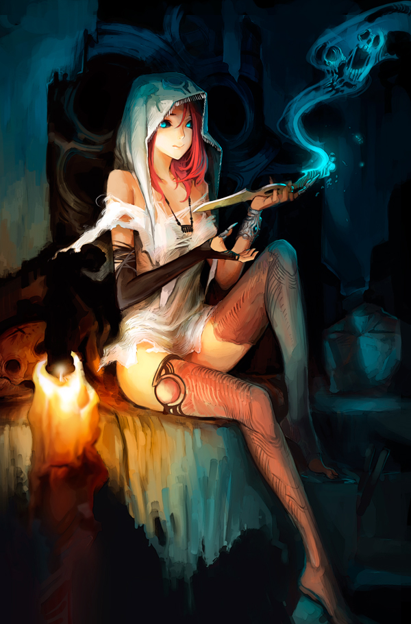 asuka111, cloak, hood, knife, legs, original, patipat_asavasena, red_hair, redhead, thigh-highs, thighhighs, weapon