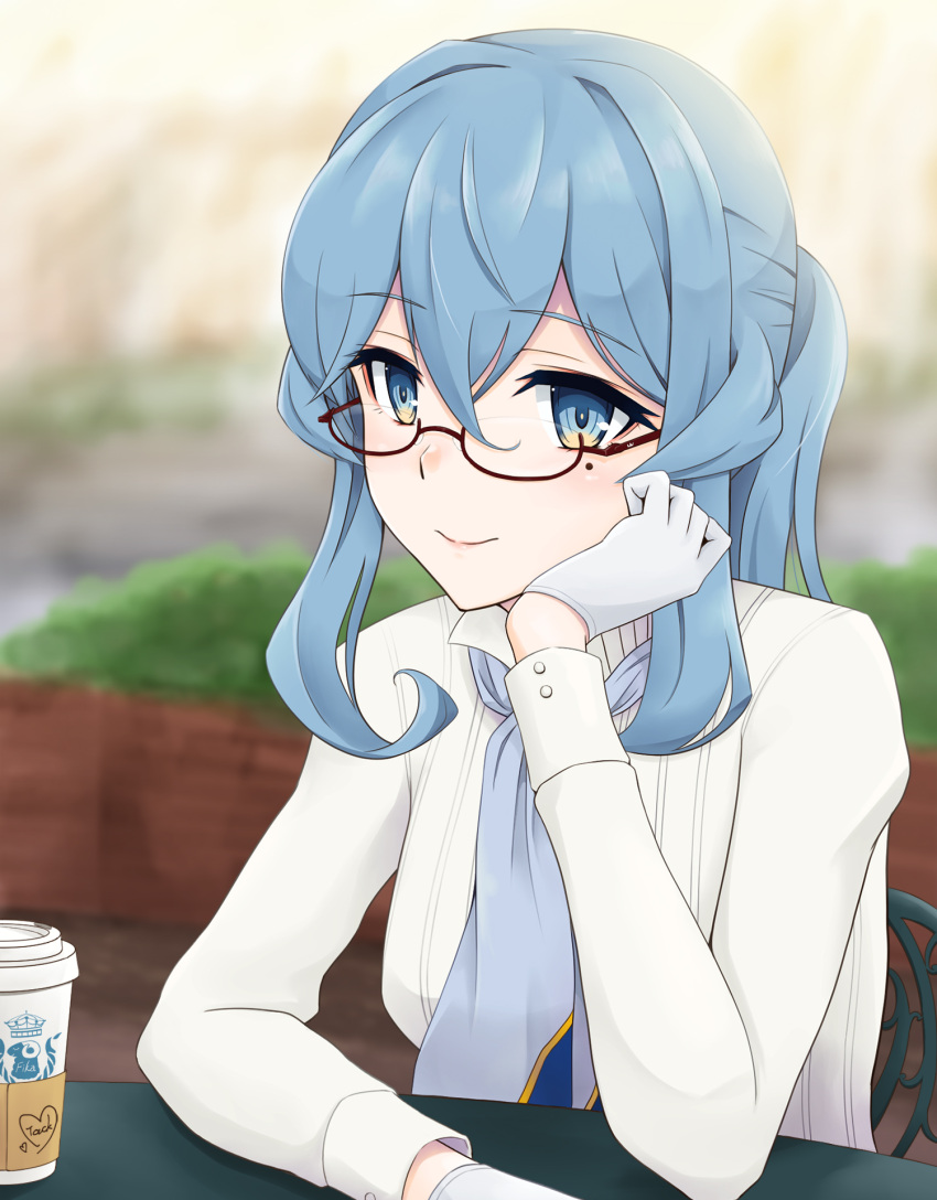 1girl, alternate_costume, bespectacled, black-framed_eyewear, blue_eyes, blue_hair, blurry, blurry_background