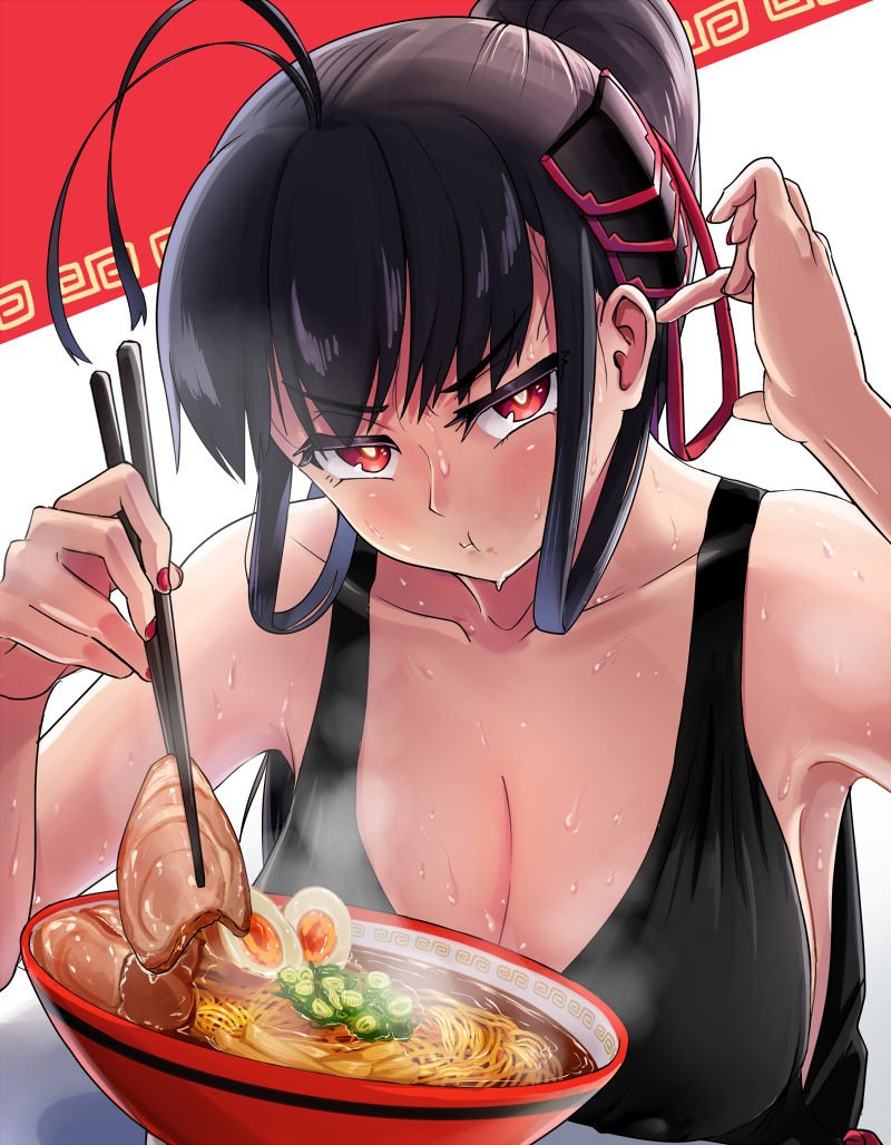 1girl, antenna_hair, armpits, bangs, blush, bowl, breasts, chopsticks