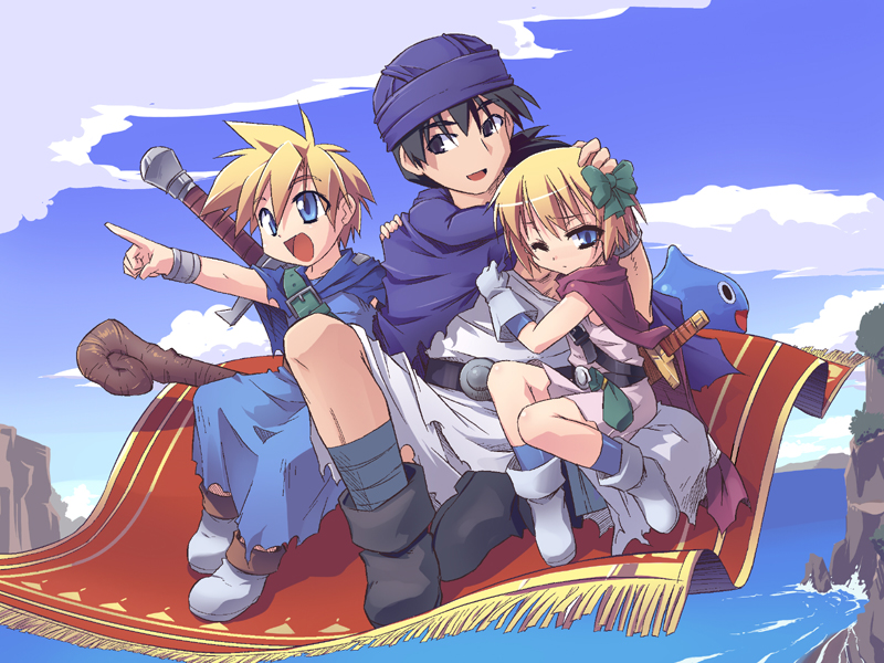 800x600, bianca's_daughter, bianca's_son, bianca's_son, blonde_hair, blue_eyes, bow, cape, dragon_quest, dragon_quest_v, flying, flying_carpet, gloves, hair_bow, hero_(dq5), magic_carpet, mof, ocean, pointing, poring, redrantem, short_hair, sky, slime, slime_(dragon_quest), staff, sword, turban, water, weapon, wink