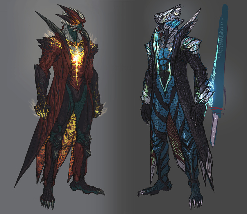 2boys, black_background, claws, concept_art, dante_(devil_may_cry), demon, demon_horns, devil_may_cry, devil_may_cry_(series), devil_may_cry_5, devil_trigger, full_body, glowing, glowing_eyes, grey_background, horns, multiple_boys, official_art, standing, vergil, vergil_(devil_may_cry), yoshikawa_tatsuya