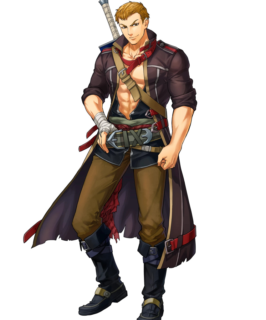 1boy, abs, axe, bandage, belt, blonde_hair, boots, brown_eyes